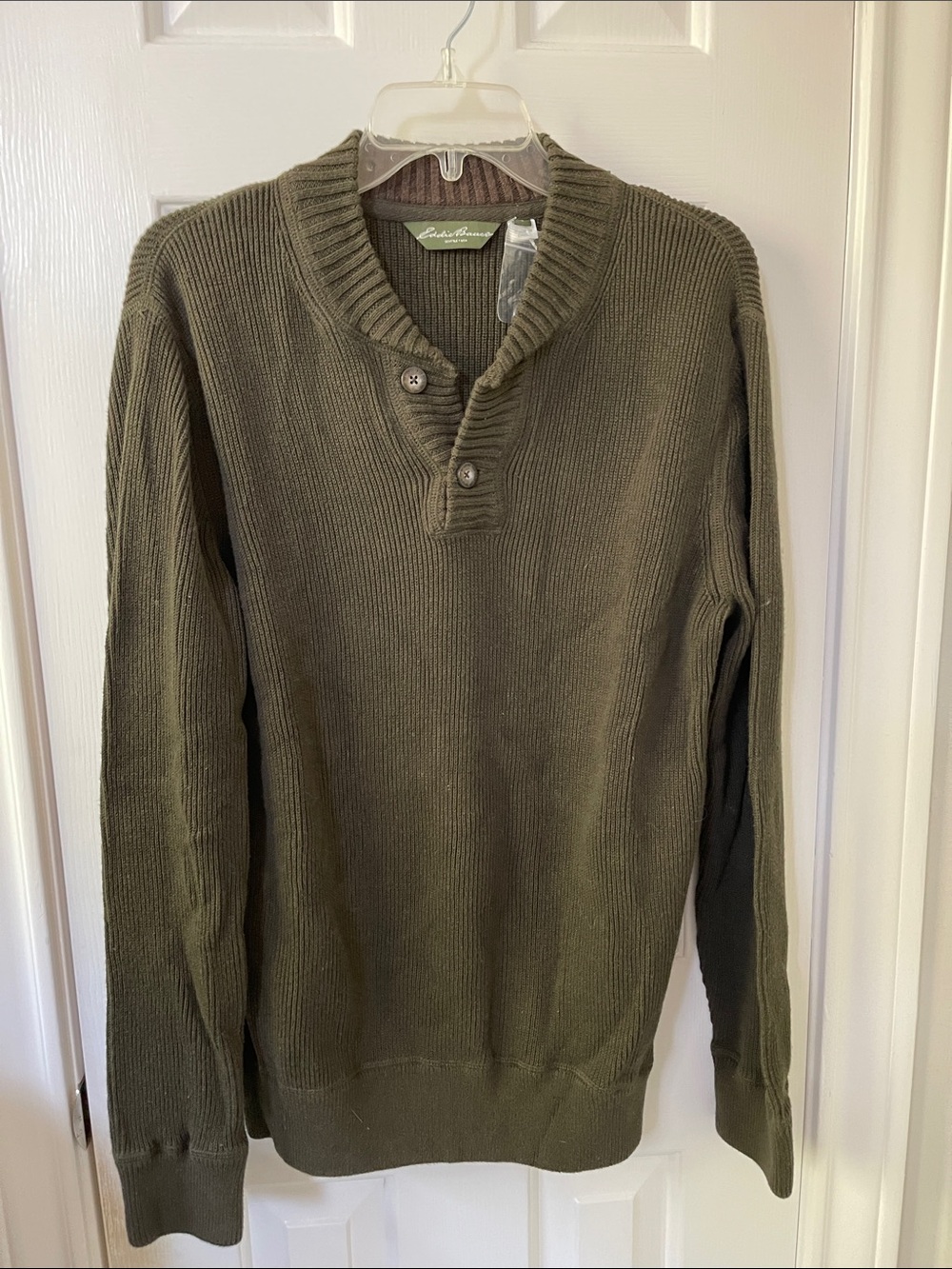 Eddie Bauer Men's Olive Ribbed Henley Crewneck Sweater